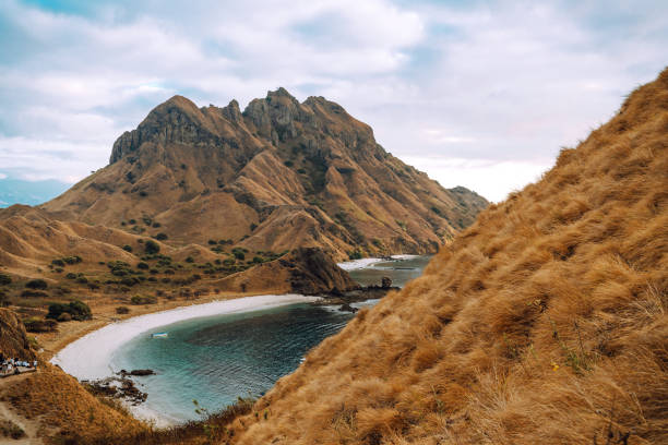 Aerial view of the island 'Pulau Padar' at the famous Komodo National Park in Indonesia. Komodo is world wide famous for the beautiful underwater life.
